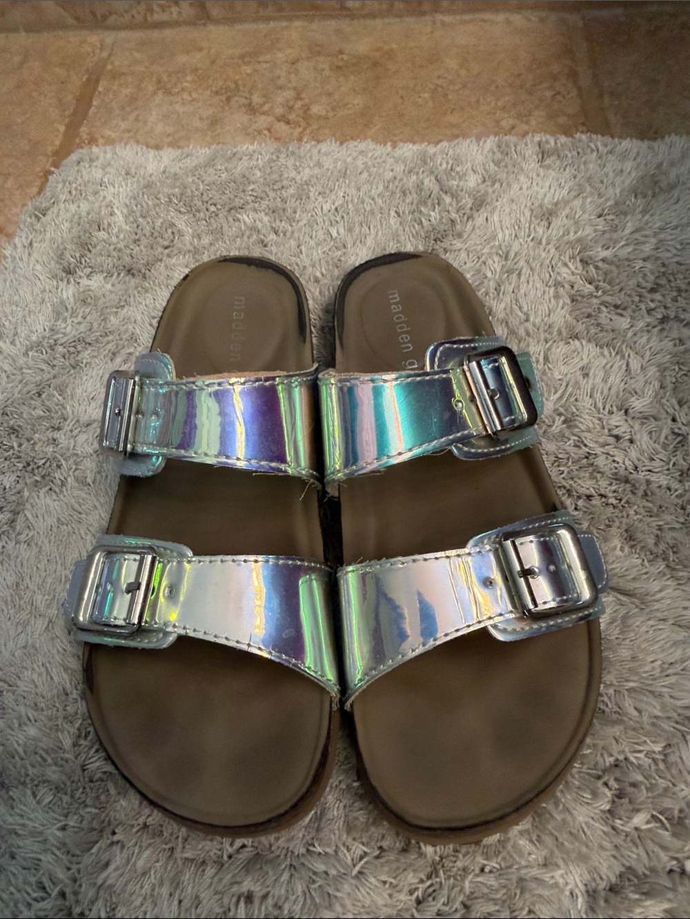 Madden Girl Iridescent Holographic Double-Buckle Slide Sandals